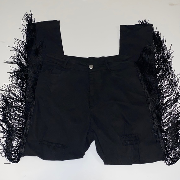 Pants - Black Cropped Fringe Fitted “Jean Look” Pants